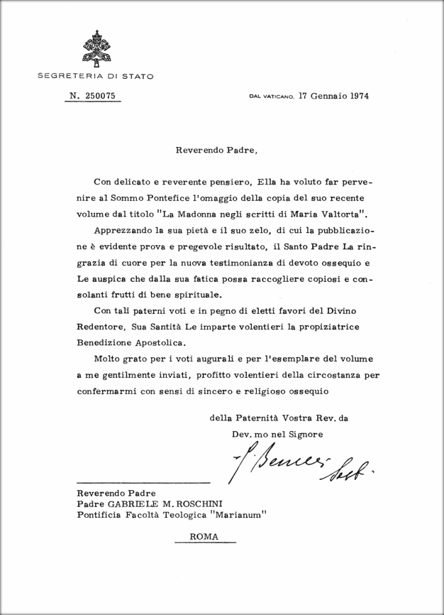 Pope Paul VI's Letter to Fr. Gabriel Roschini, O.S.M.